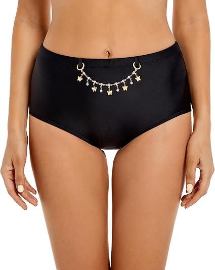 Seagoo Womens High Waisted Bikini Bottoms Tummy Control Full Coverage Bathing Suit Swim Bottom with Paperclip Chain L