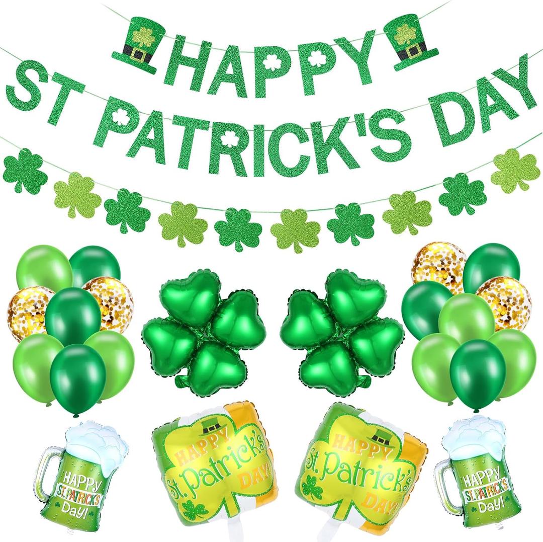 Green Happy St. Patricks Day Banner and St Patricks Shamrock Garland St Patricks Shamrock Foil Balloons Garland, Saint Patricks Day Banner Decorations for Happy St Patrick's Day Banner Decorations