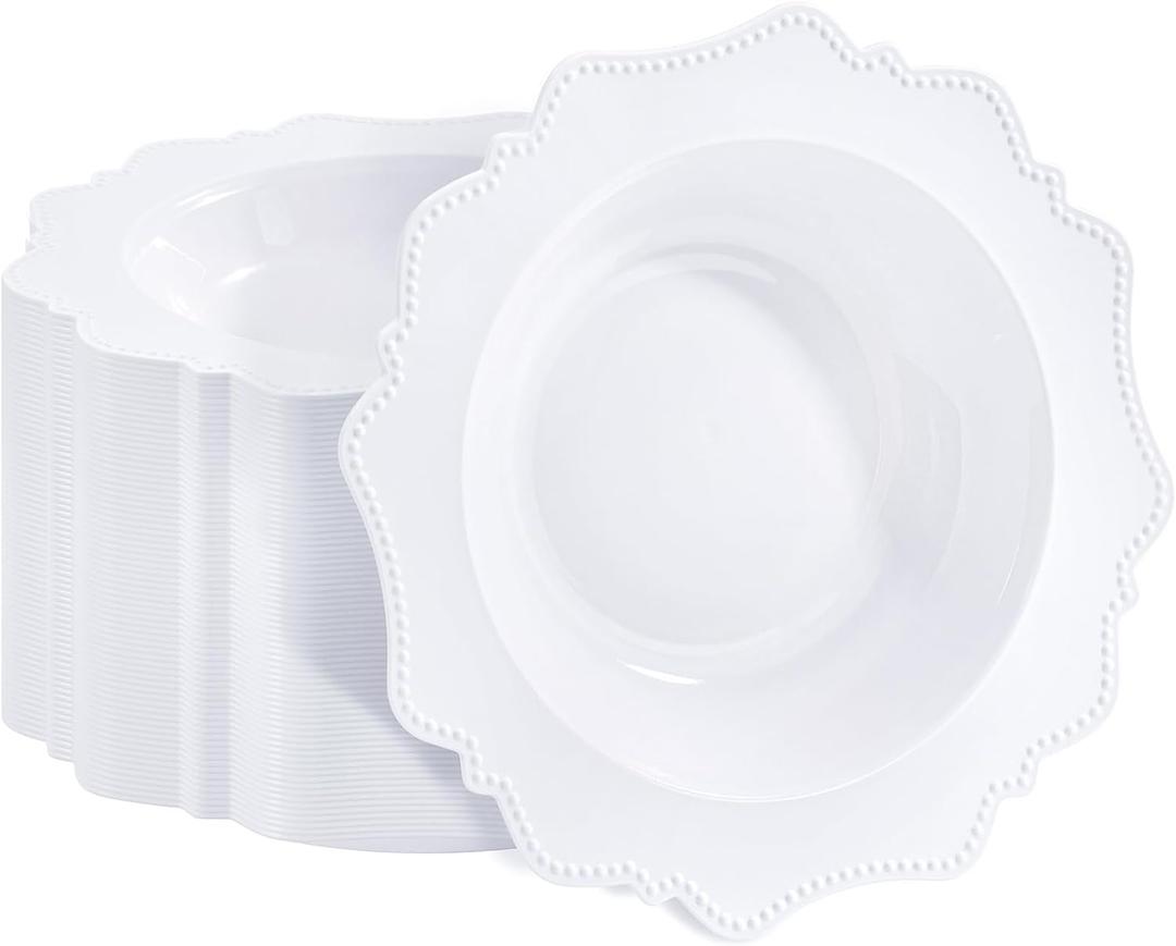 COLOSUS 60 Pack White Plastic Bowls, 12 oz Disposable Soup Bowls, Premium Plastic Dinner Bowls,Heavy-duty Dessert Salad Bowl for Party, Wedding, Dinner, and Catering