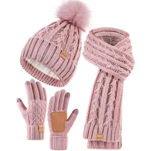 Womens Beanie Hat Scarf Gloves Set, Fleece Lined Winter Hat with Pom Pom, Long Knit Scarf Touchscreen Gloves for Cold Weather (Pink)