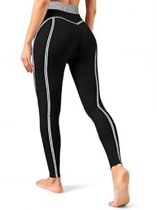 Fisoew Women's High Waisted Yoga Leggings Striped Seamless Butt Liftting Stretchy Running Gym Workout Pants Black, Large
