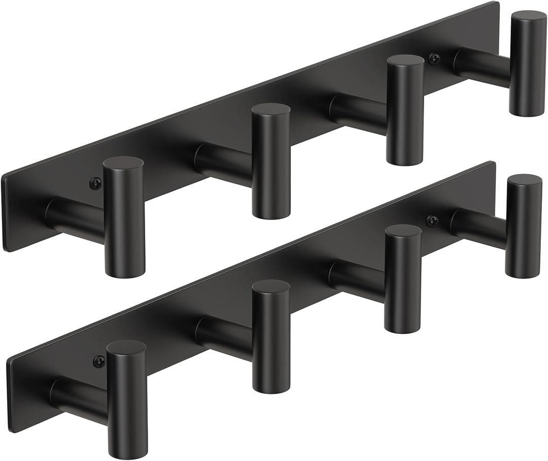 PMMASTO Coat Rack Wall Mounted, 4 "T Shaped Wall Hooks for Hanging, Heavy Duty Stainless Steel Coat Hook Rail for Hat Towel Robes in Bathroom Kitchen Mudroom Entryway (Black, 2PC)