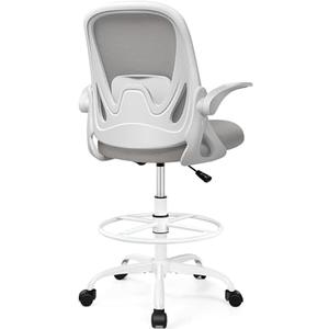 Drafting Chair Tall Office Chair with Flip-up Armrests, Adjustable Height, and Enhanced Lumbar Support - Ergonomic Rolling Stool, Back Support, and Adjustable Foot Rest Ring for Standing Desk Gray