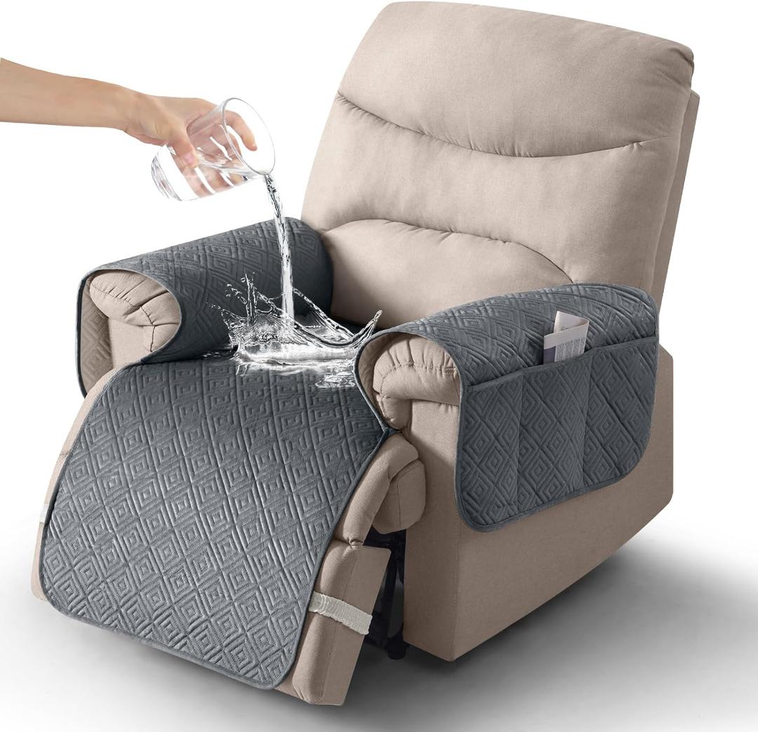 Timeles Velvet Recliner Chair Cover, 100% Waterproof Recliner Covers That Stay in Place with Pocket for Pets & Dogs (Oversized-Seat Only30",Gray) (Grey)