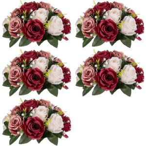 Nuptio Artificial Flower Centrepieces for Tables - 5 Pcs Burgundy & Dusty Rose & Creamy White Fake Flowers Roses Balls 9.5in Diam - Silk Faux Rose Arrangement for Wedding Party Centerpiece Table Decor