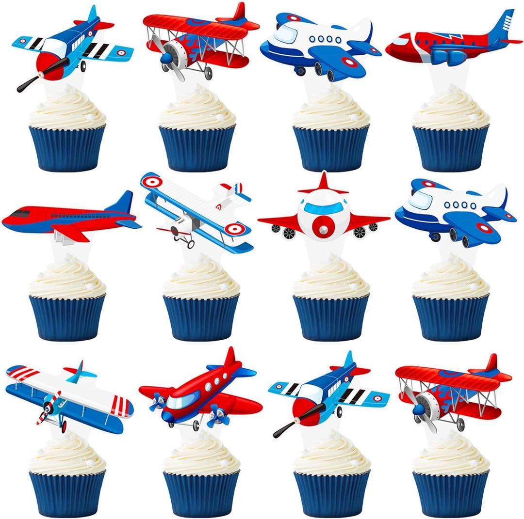 Airplane Cupcake Toppers Airplane Birthday Party Decorations 48PCS Plane Cupcake Picks Aircraft Helicopter Cake Decor for Aviation Theme Pilot Baby Shower Birthday Party Supplies