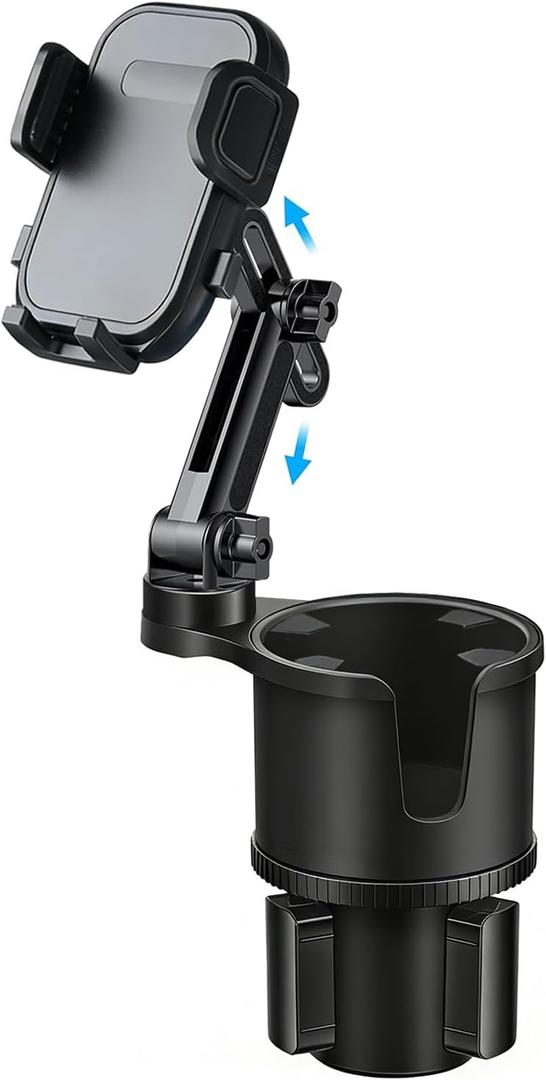 Cup Phone Holder for Car with Expandable Base, 2 in 1 Height-Adjustable Dual Cell Phone Holders Car Cupholder Mount, Friendly Fit Large Bottle & iPhone All Cellphone for Truck SUV | No Shake Design