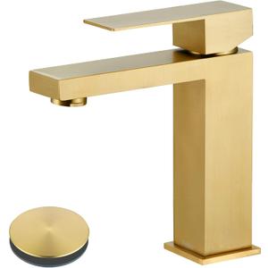 Tohlar Gold Bathroom Faucet, Brushed Gold Faucet for Bathroom Sink, Gold Single Hole Bathroom Faucet Modern Single Handle Vanity Basin Faucet with Overflow Pop Up Drain Stopper and Water Supply Lines