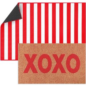 Dunzy 2 Pcs Valentine's Day Doormats Layered Front Door Mats Non Slip Floor Coir Rugs Red and White Stripe XOXO Doormats for Porch Entryway Indoor Outdoor Home Decor