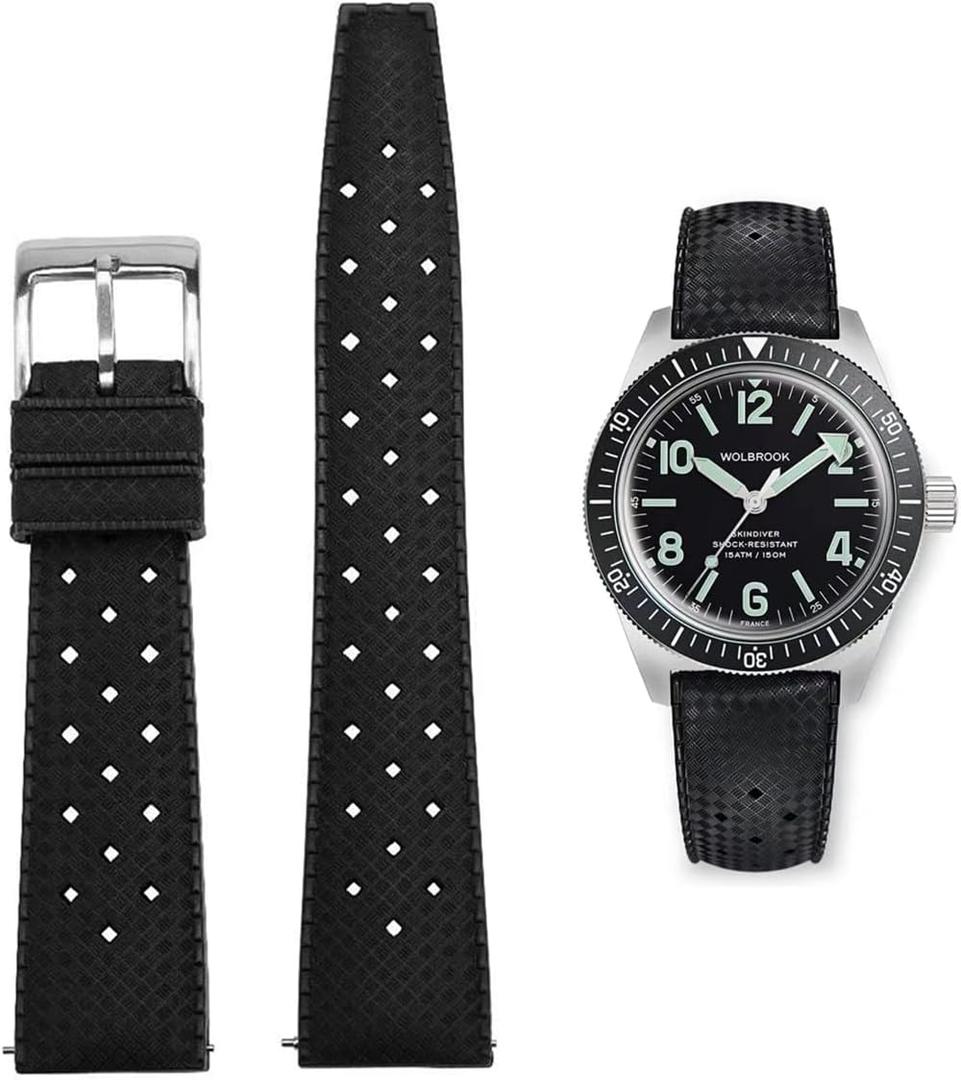 FKM Rubber Watch Bands Quick Release Tropical Style Fluororubber 18mm 20mm 22mm Replacement Soft Breathable Durable FKM Rubber Sport Diving Watchbands Straps for Omega X Swatch X Blancpain (Black)