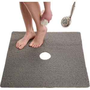 Loofah Shower Mat with Drain Hole – Cushioned Anti-Slip Square Bath Mat for Showers, and Bathroom Floors – Textured PVC, Non Slip Safety Pad for Walk-in Stalls and Wet Areas (27x27 Grey)