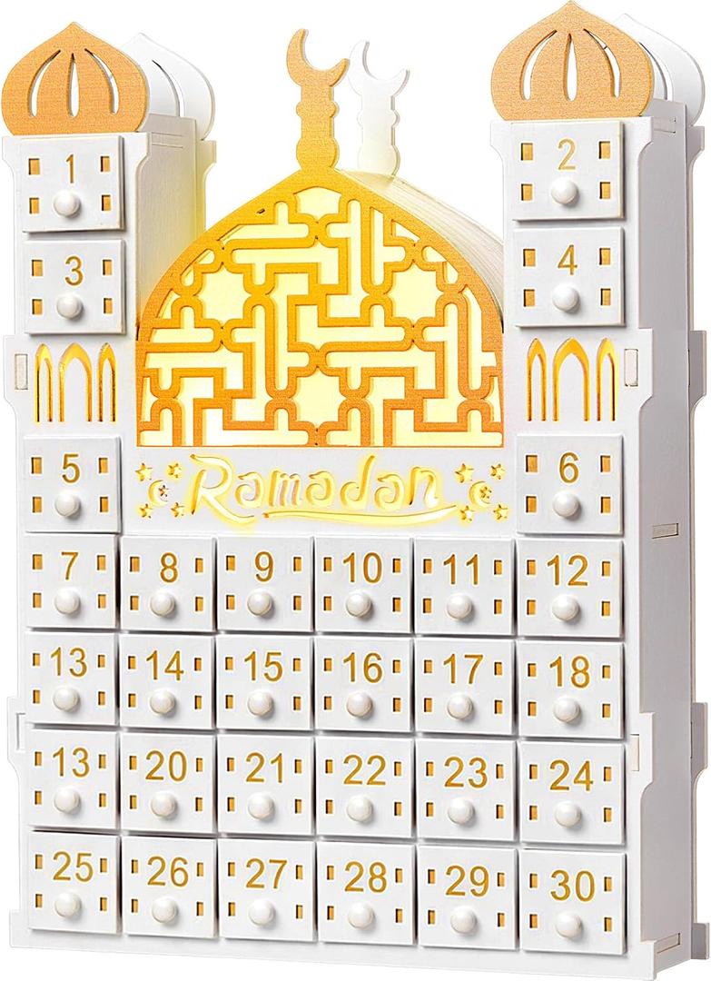 Wooden Ramadan Advent Calendar 30 Storage Drawers Ramadan Countdown Calendar 30 Days Advent Muslim Islam Castle Decorations for Eid Party Supplies