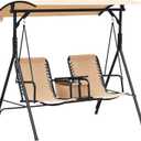 Outsunny 2-Seat Patio Swing Chair, Outdoor Canopy Swing Glider with Pivot Storage Table, Cup Holder, Adjustable Shade, Bungie Seat Suspension and Weather Resistant Steel Frame, Beige