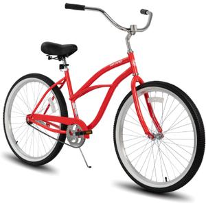 HILAND 26 Inch Womens Beach Cruiser Bike, Single Speed Commuter Bicycle with Rear Coaster Brake, Low Step-Through Frame, Comfortable Seat with Dual Springs, City Hybrid Bike for Women Men Adult (Red)