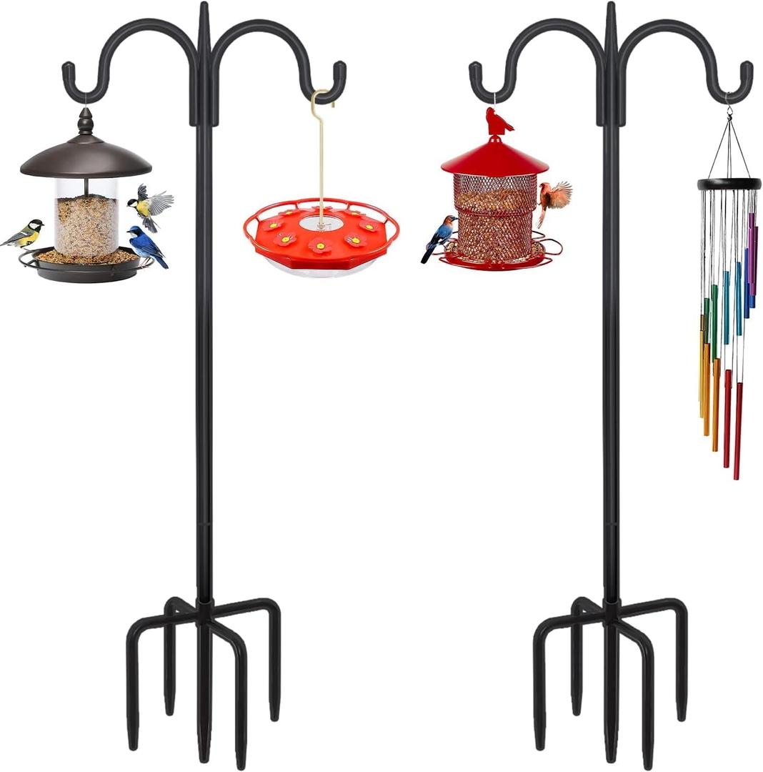 FEED GARDEN Heavy Duty Shepherds Hook 2 Pack 63" Double Hooks Adjustable (47/63") - Metal 5-Prong Base, 12lb Capacity - Easy Assembly Bird Feeder Pole for Hanging Planters, Lanterns, Wind Chimes