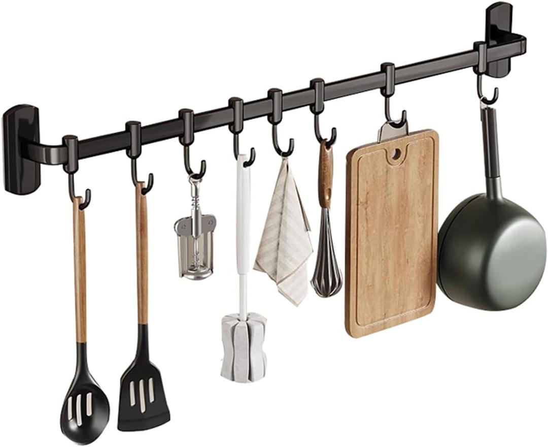Adhesive Wall Mounted Pot Pan Rack, Kitchen Wall Mounted Detachable Pan Lid Utensils Organizer Hanging Rail with 8 Hooks for Kitchen Bathroom Bedroom,17.7''