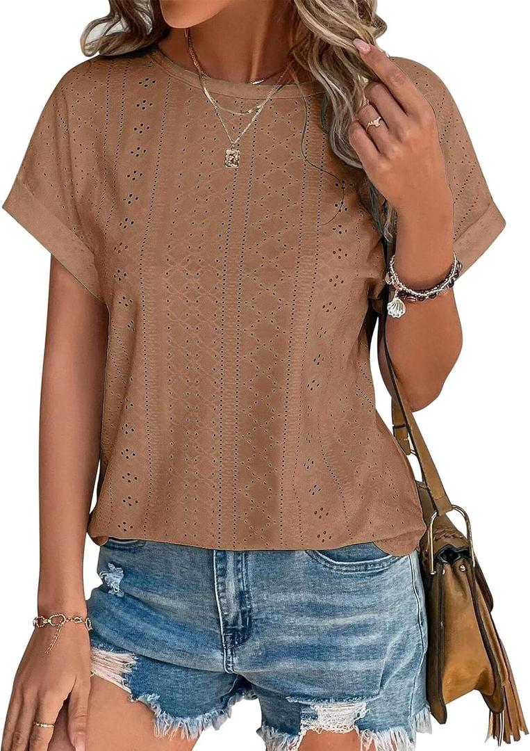 YeonYoonA Women's Eyelet Embroidery Short Sleeve T-Shirt Summer Fashion Clothes Loose Fit Casual Holiday Blouse T Shirt (Brown, S)