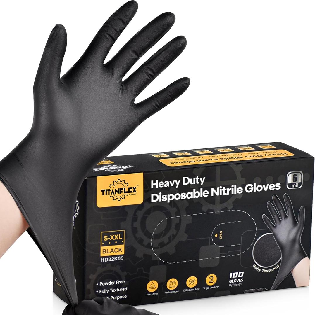 TitanFlex Heavy Duty Black Nitrile Gloves, 6 Mil, Fully Textured, Mechanic Disposable Gloves, Latex Free, Powder Free M