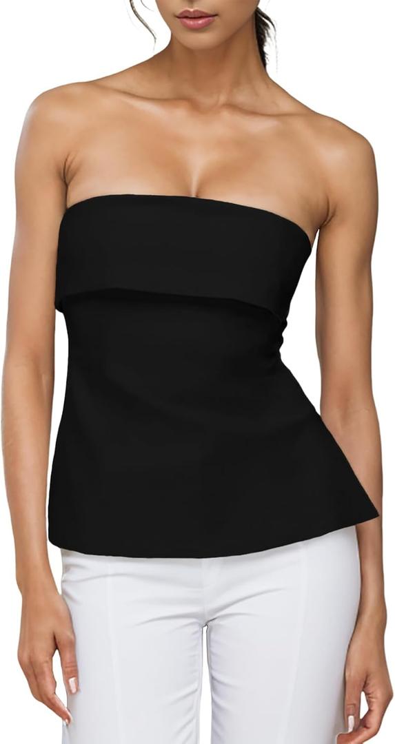 Strapless Tube Tops for Women Backless Going Out Bandeau Top Sexy Trendy Off Shoulder Side Split Summer Bustier Tops (Black), Mediu