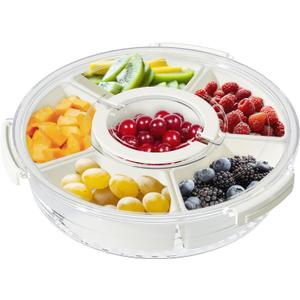 Divided Serving Tray with Lid and Handle, Portable Snackle Box, 6 Compartment Food Container, Travel Snack Box Container for Veggie, Fruit, Candy and Charcuterie