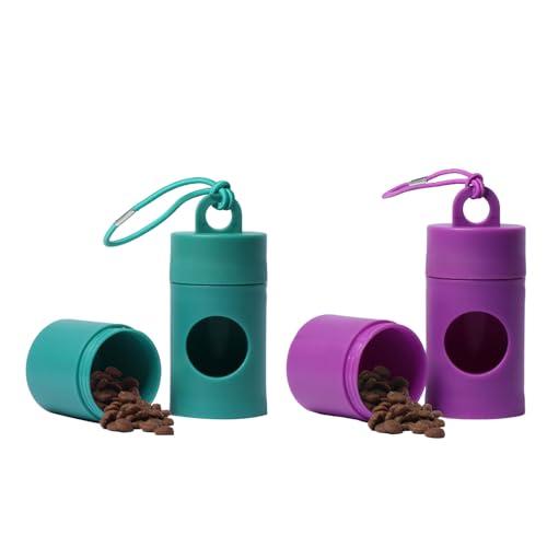 Dog poop bag holder-2 in 1 Dog Waste Bag holder Comes with pet snack box for Leash Lightweight Pet Waste Bag Dispenser，Equipped with nylon rope and buckle (Excluding dog waste bag)(Green+Purple) ﻿Pack Of 3