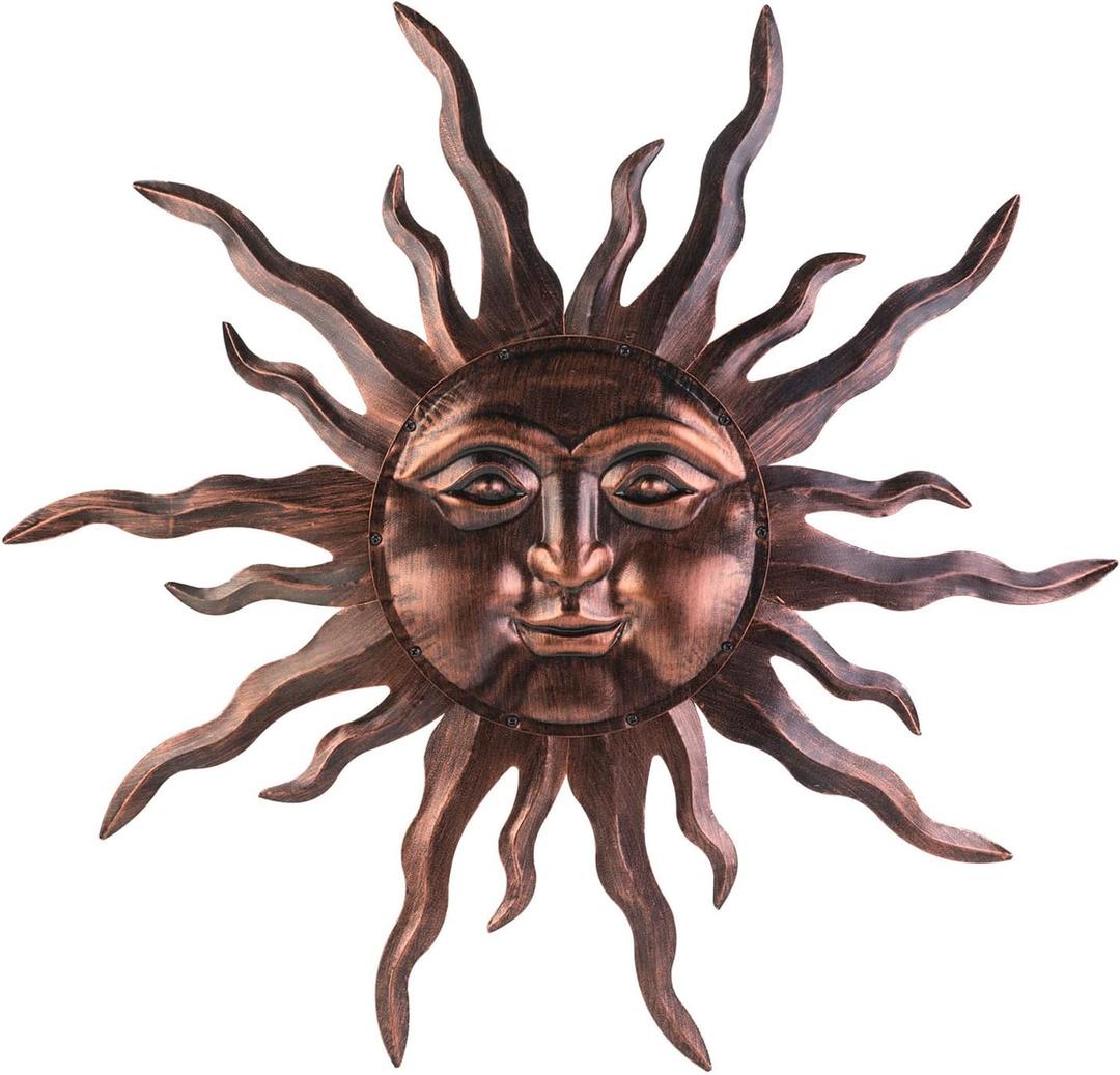 Large Metal Sun Wall Art Decor- 30 inches Sun Wall Hanging Decoration for Indoor Outdoor, 3D Sun Face Metal Wall Sculpture for Home Bedroom Living Room Office Garden Yard Patio(Bronze)