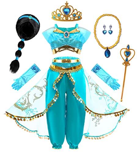 Mecamelon Arabian Princess Fancy Costume for Girls Halloween Dress Up (Wig Blue Set, 6 Years)