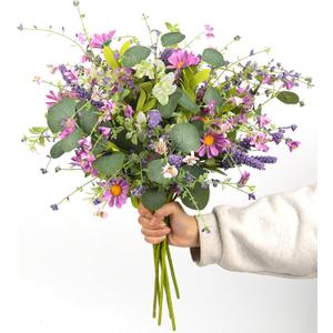 20" Artificial Flowers Bouquet for Vase Indoor, 6 stem Faux Silk Daisies Lavender Silver Dollar Eucalyptus Leaves Wildflower Floral Arrangement Home Decor for Living Room Dining Table Entryway (Purple)