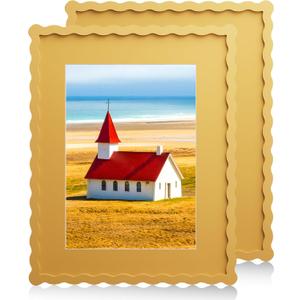 11x14 Wavy Picture Frame With Mat For 8x10, Wavy Edge Wooden Picture Frame with Real Glass - Wall Mount Display, Yellow, 2 Pack