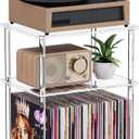 Clear Acrylic Record Player Stand with Vinyl Storage, 15.75" L x 11.81" W x 24.5" H, 3 Tier Small Side Turntable Table with Album Shelf, Modern Bedside End Table for Living Room, Bedroom