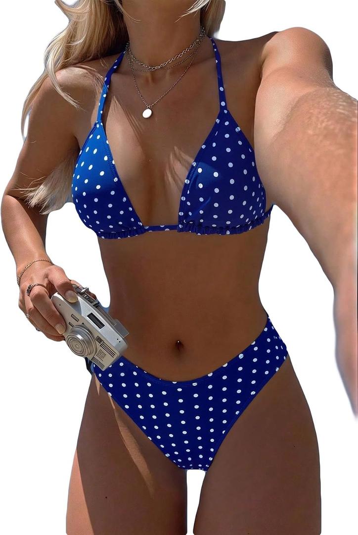 Women's Dots Print Halter Bathing Suit High Waisted Summer Bikini Set (Blue, S)