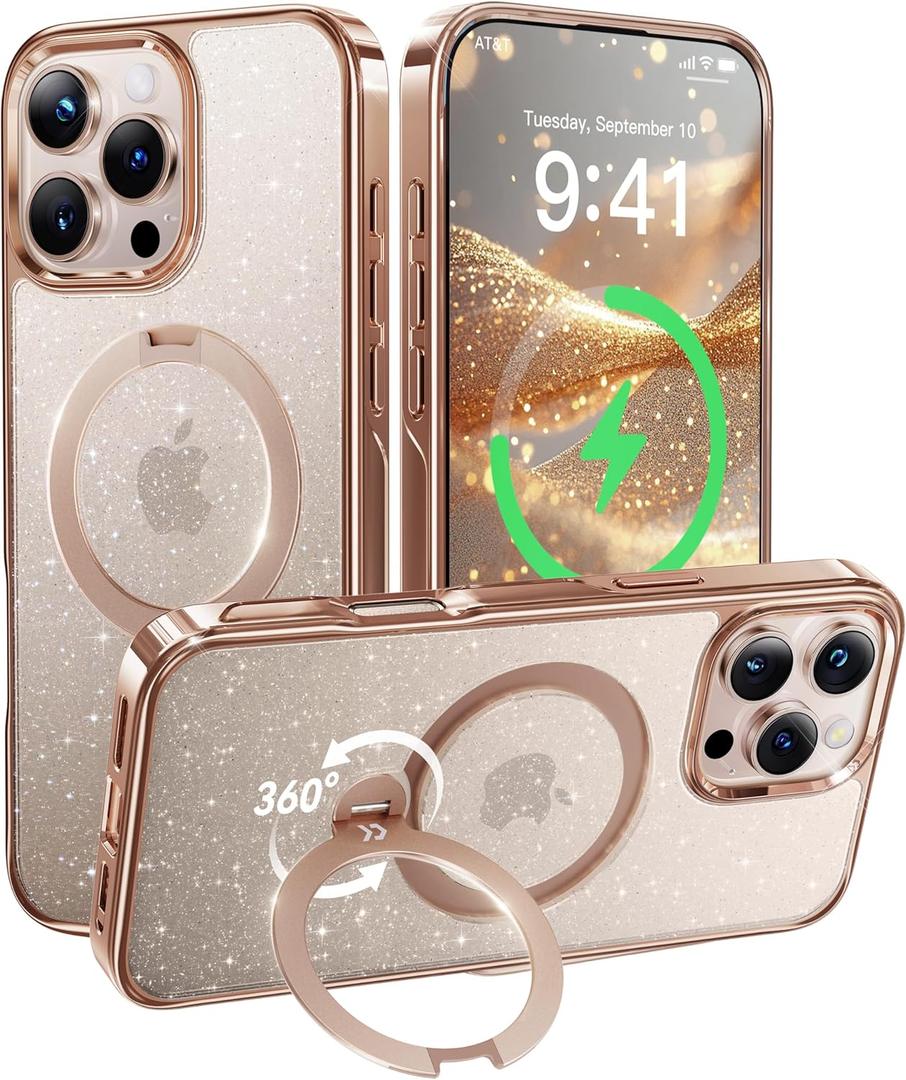 CASEKOO Gold Sparkle 360 Spin Magnetic Stand for iPhone 16 Pro Case, Fit for MagSafe, 16FT Drop Protection, Chic Design for iPhone 16 Pro Case with Built-in Stand, Sparkle Rose Gold