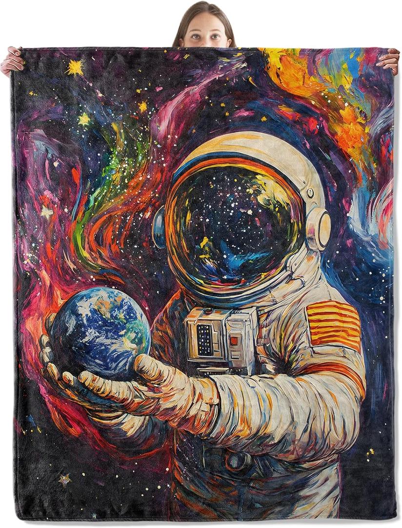 Galaxy Astronaut Blanket, Cozy Vibrant Cosmic Scene Throw Blanket for Couch Bedroom Outdoor, Lightweight Soft Flannel Travel Blankets, Gifts for Men Boys Space Lovers, Home Cabin Decor 50"60"