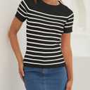 ZESICA Women's Striped Short Sleeve T Shirt 2026 Summer Crewneck Ribbed Knit Fitted Casual Basic Tee Tops Going Out Outfits (Black, XS)