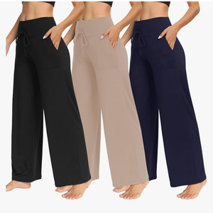 TNNZEET 2 Pack Women's Wide Leg Pants with Pockets - Casual Loose Yoga Trouser Pants Sweatpants Palazzo Lounge Pajama Pants 2 XL
