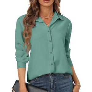 Women's Button Down Shirts Long Sleeve Basic Classic Soft Shirt Collared Fashion Dressy Casual Blouses (XS Green)
