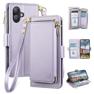 DJBEAR for iPhone 17 6.3" Wallet Case for Men & Women, All-in-One Flip Folio Cover with 9 Card Slots, Zipper Pocket, Detachable Wrist Strap, Full Body Protection for Apple 17 Lilac Purple