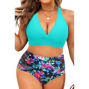 Yonique Womens Plus Size Bikini High Waisted Swimsuits Two Piece Bathing Suits Tummy Control Swimwear, 22 Plus, Aqua Colorful Floral