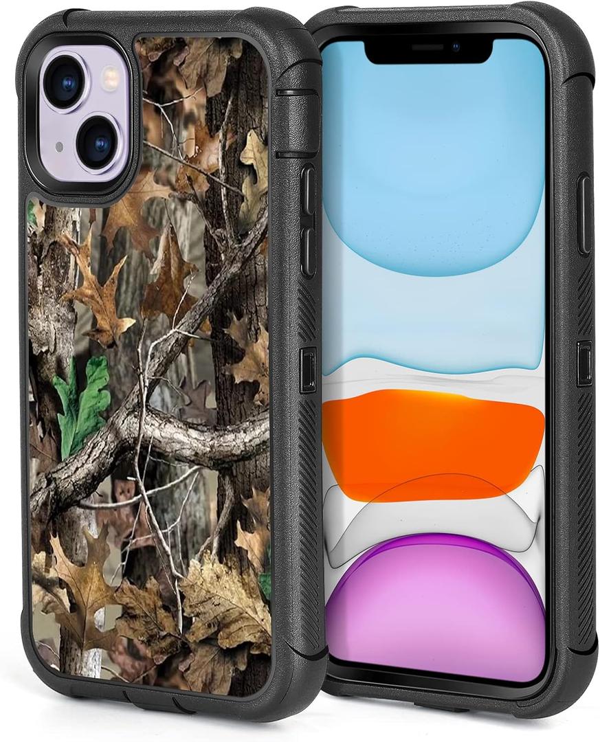 Compatible with iPhone 15 Case Camo Leaf Design for Men Boys Kids, 3-Layer Rugged Shockproof Hard Plastic Bumper +Soft Silicone Rubber Heavy Duty Protection Cover