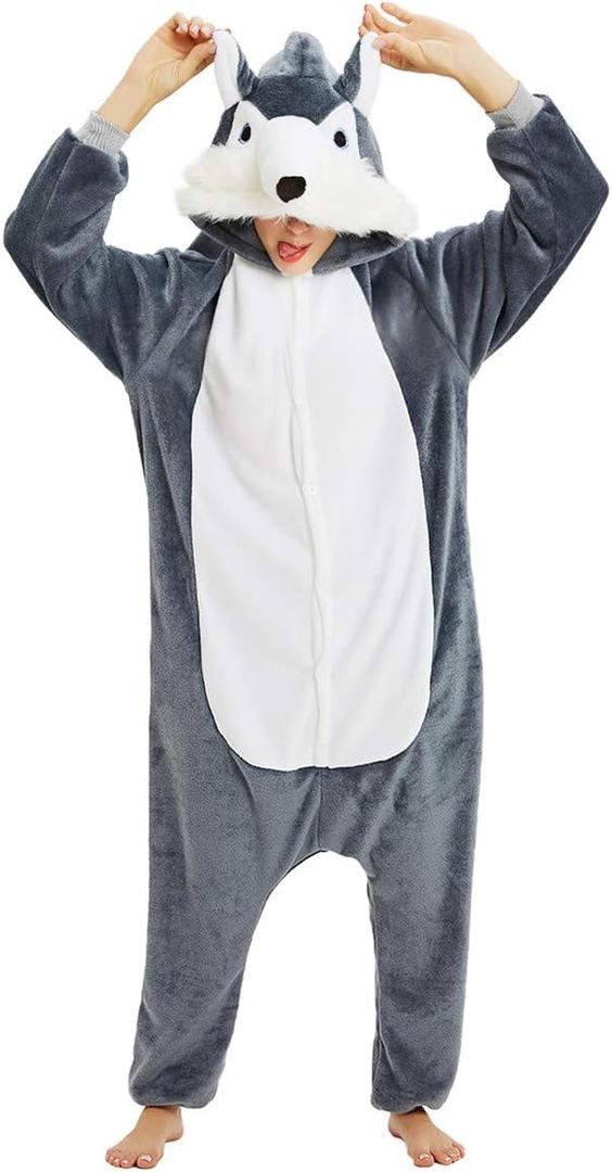 LATH.PIN Panda Onesie Pajamas for Women Men Unisex Animal Cosplay Halloween Onesies Costumes Adult Lounge Wear Sleepsuit (Small, Wolf)