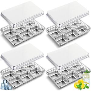 Domensi 4 Pack Stainless Steel Ice Cube Trays for Freezer Metal Ice Cube Trays with Lid Easy Release Molds Durable and Dishwasher Safe for Bars Kitchens Cocktail Freezer Whiskey