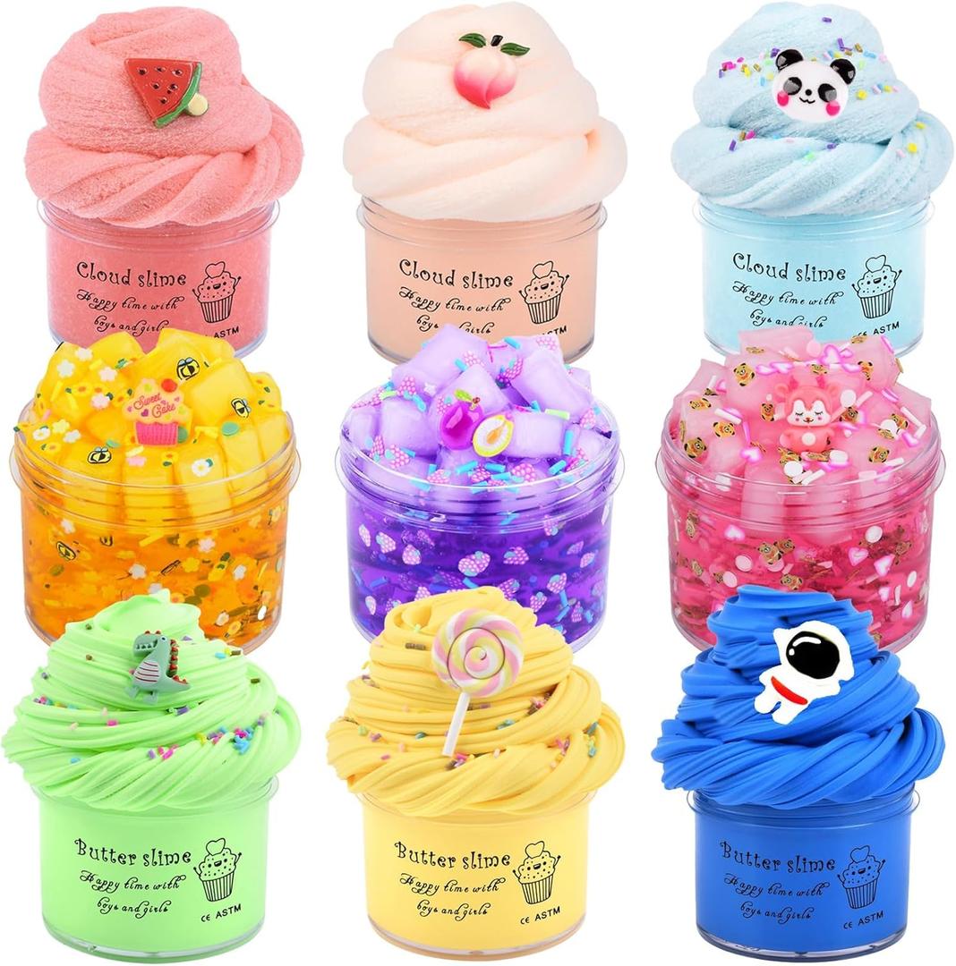 9 Pack Slime Kit, with 3 Jelly Cube Crunchy Slime 3 Cloud Slime 3 Butter Slime, Soft and Non-Sticky, DIY Stress Relief Toys for Girl and Boys, Birthday Gift, Party Favor