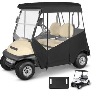 2 Passenger Golf Cart Enclosure for Club Car Precedent 2-Seater No Windshield Curtain 3-Sided Clear Windows Roll-up Door Mirror Zipper Waterproof Transparent Driving Rain Cover Black (with Seat Towel)