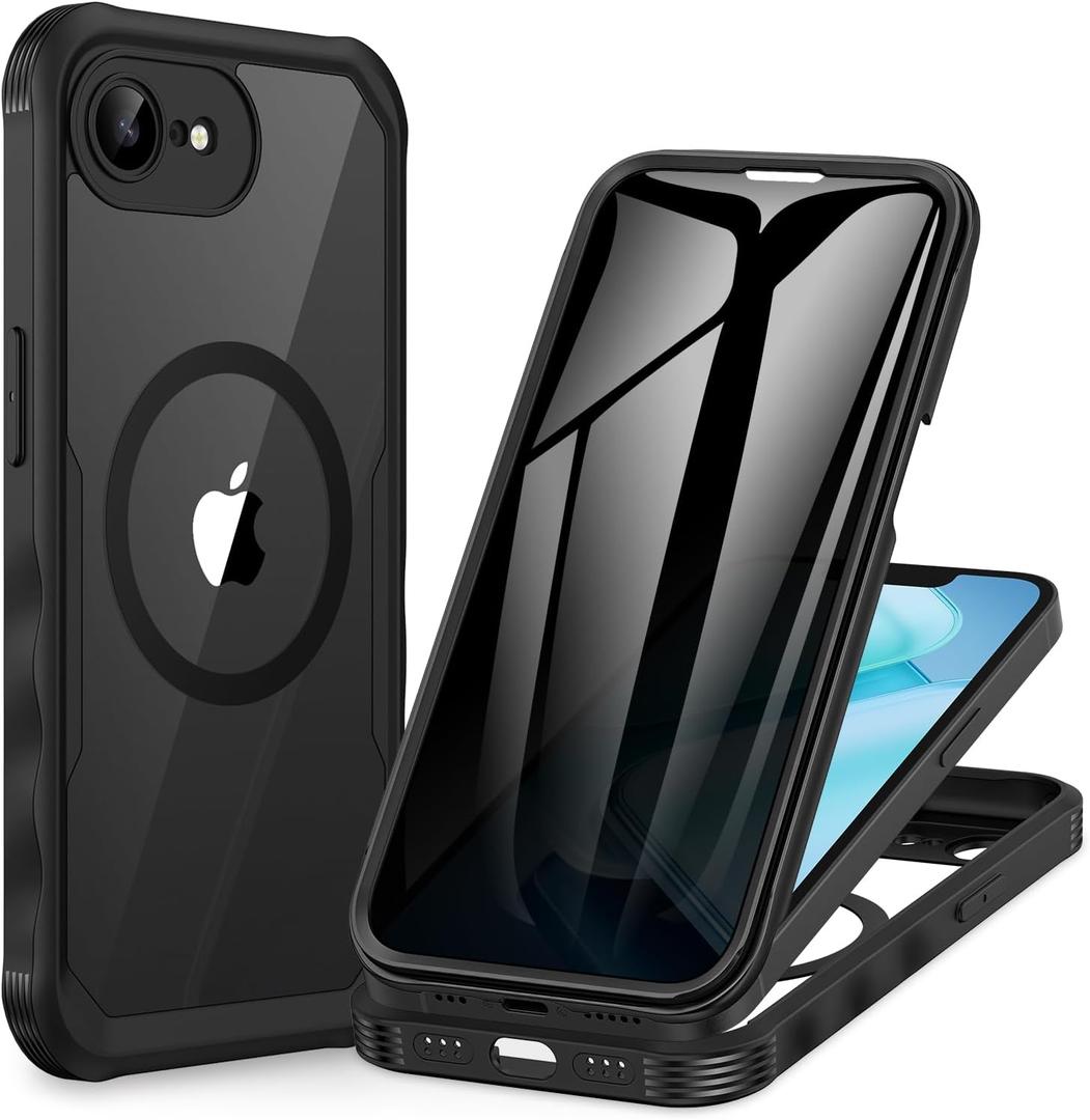 CENHUFO Magnetic Privacy Case for iPhone 16E / iPhone 17E [Compatible with Magsafe] Full Body Phone Case Built-in 9H Glass Privacy Screen Protector and Camera Protector, Shockproof Cover - Black