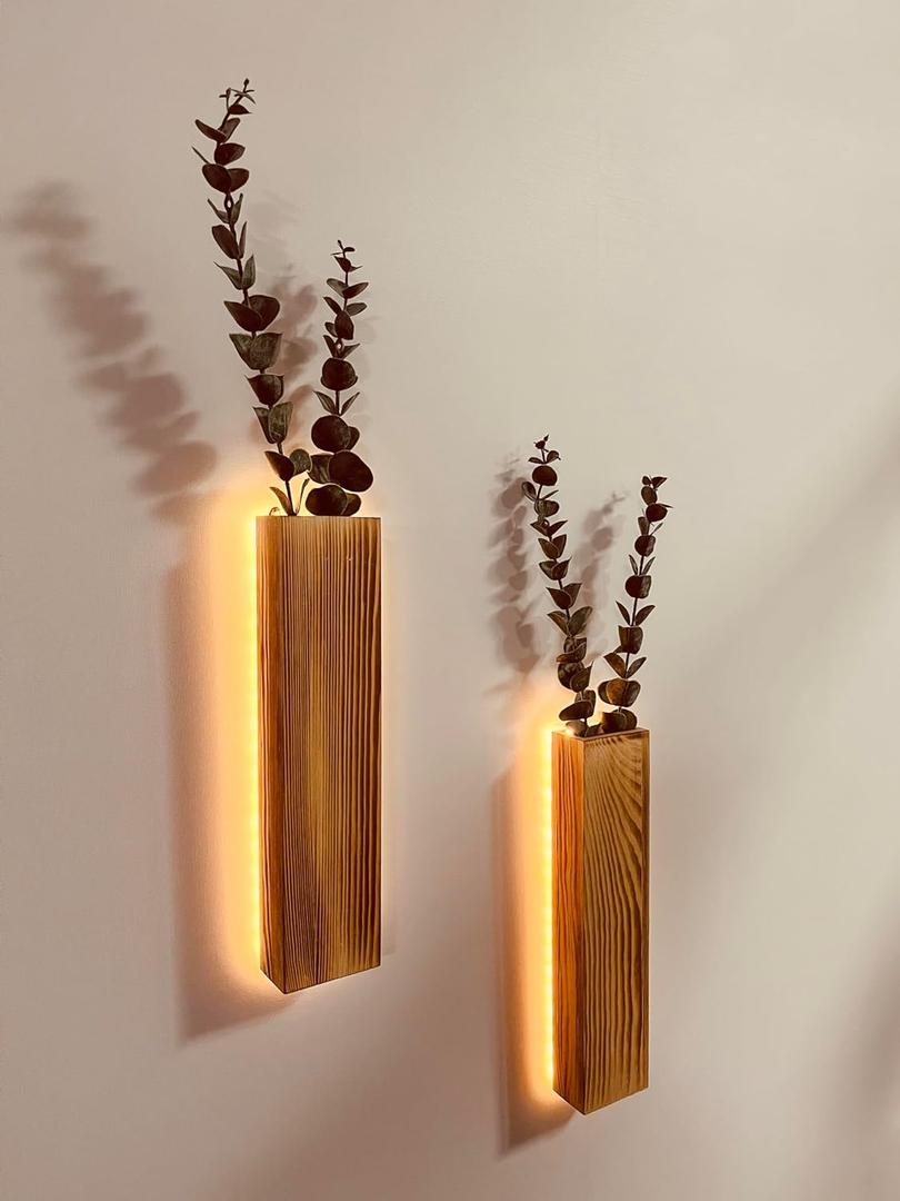 Artificial Eucalyptus with LED Lights Wall Planters Rustic Wall Decor with Lights Wall Sconces Fake Vines for Room Decor Home Bedroom Living Room Bathroom Hanging Vase for Dried Flowers Faux Plants