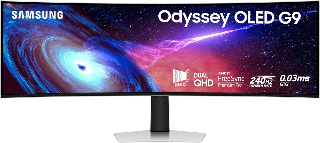 Samsung 49" Odyssey OLED (G93SC) Series Curved Gaming Monitor w QD-OLED, 240Hz, 0.03ms, DQHD, G-Sync Compatible, AMD FreeSync Premium Pro,Height Adjustable Stand, LS49CG932SNXZA, QHD Ultra Wide 1440p
