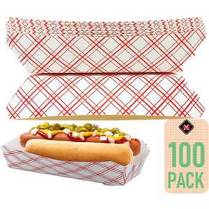 Mr Miracle 7 Inch Paper Hot Dog Tray in Red White Pattern. Pack of 100. Disposable, Recyclable and Fully Biodegradable. Made in USA