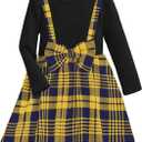 WDIRARA Toddler Girl's Plaid Bow Front Ribbed Knit Round Neck Long Sleeve A Line Dress