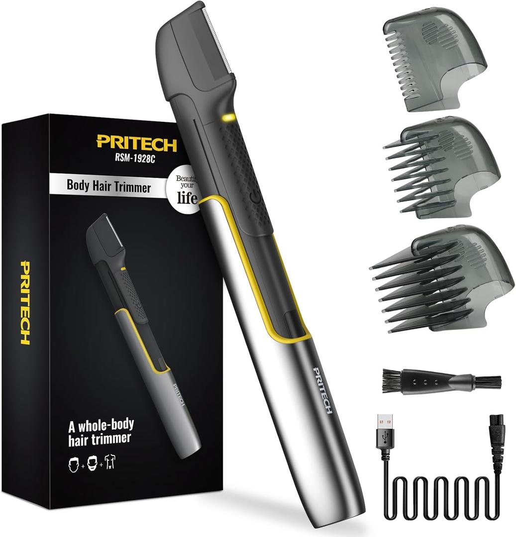 Body Hair Trimmer Groin Hair Trimmer for Mens Rechargeable Pubic Hair Trimmer for Men Body Shavers for Men Body Hair Groomers Back Shavers Back Hair Trimmer for Mens Bikini Trimmers by PRITECH (Grey+yellow)