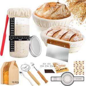 Sourdough Starter Kit - Banneton Proofing Basket 9 Inch Round & 10 Oval, Complete Sourdough Bread Baking Supplies with Starter Jar, Bread Sling, Lame, Danish Dough Whisk, Bags